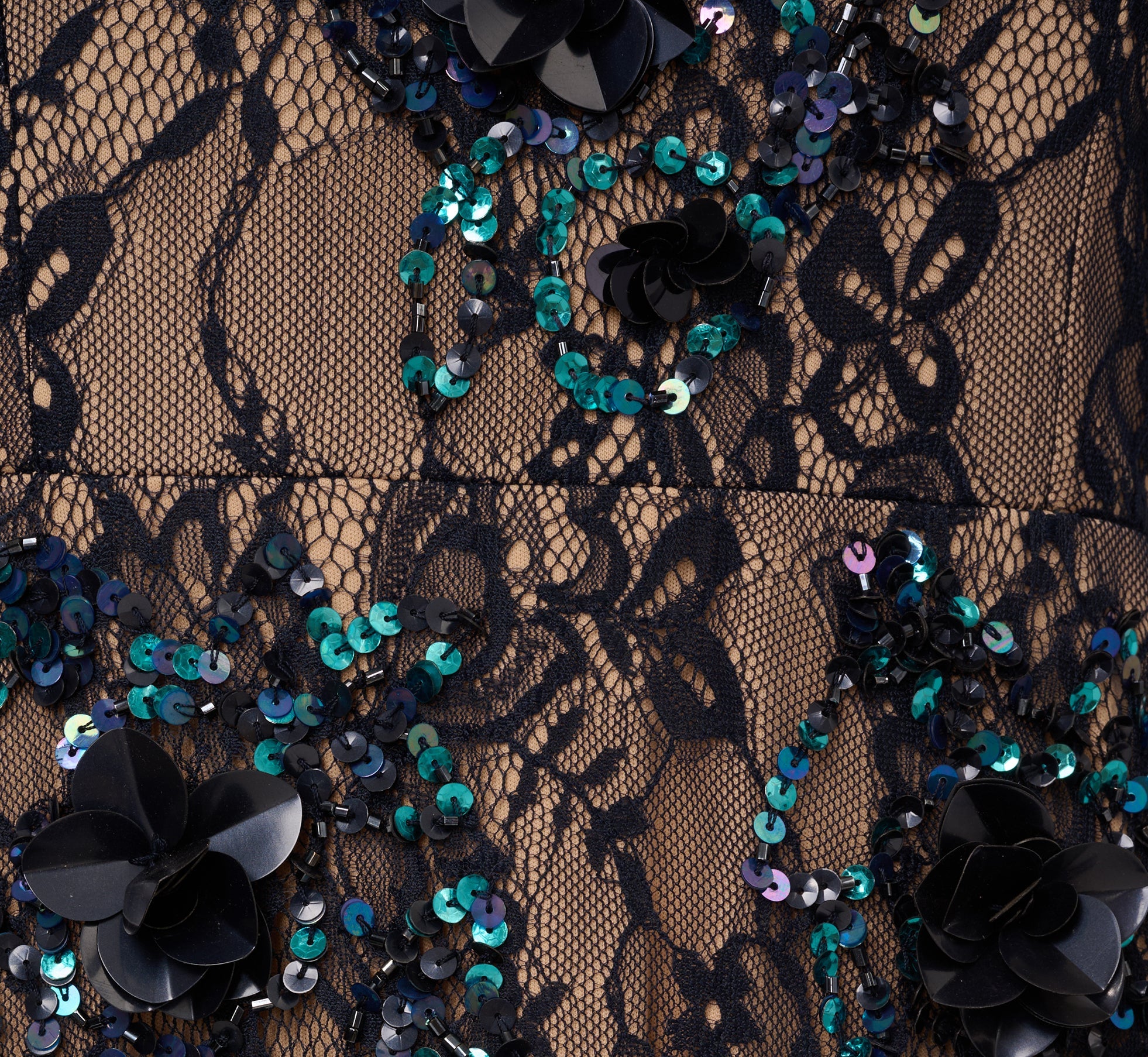 Sleeveless Sequin Floral Lace Gown In Midnight Multi Nude