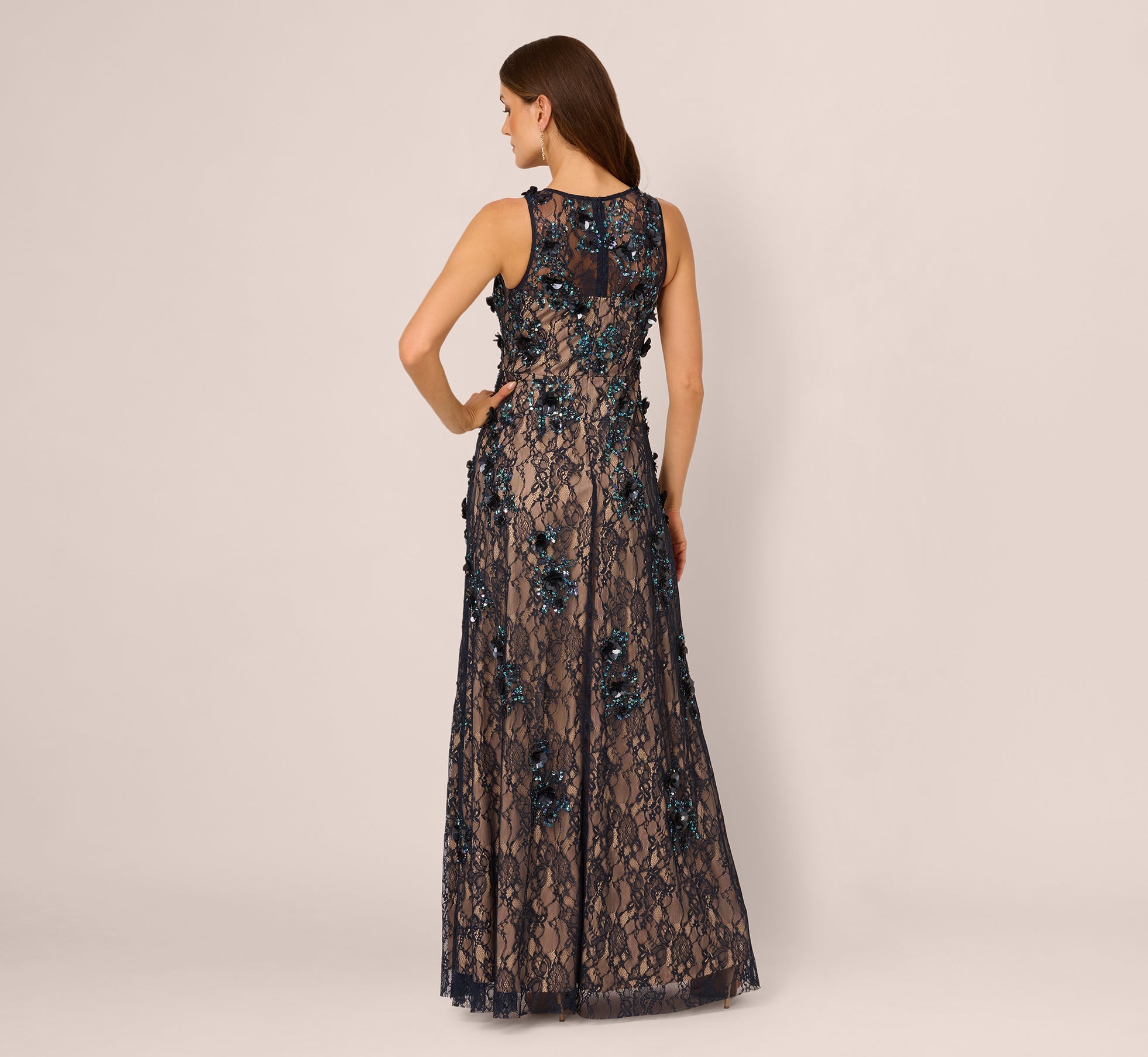 Sleeveless Sequin Floral Lace Gown In Midnight Multi Nude