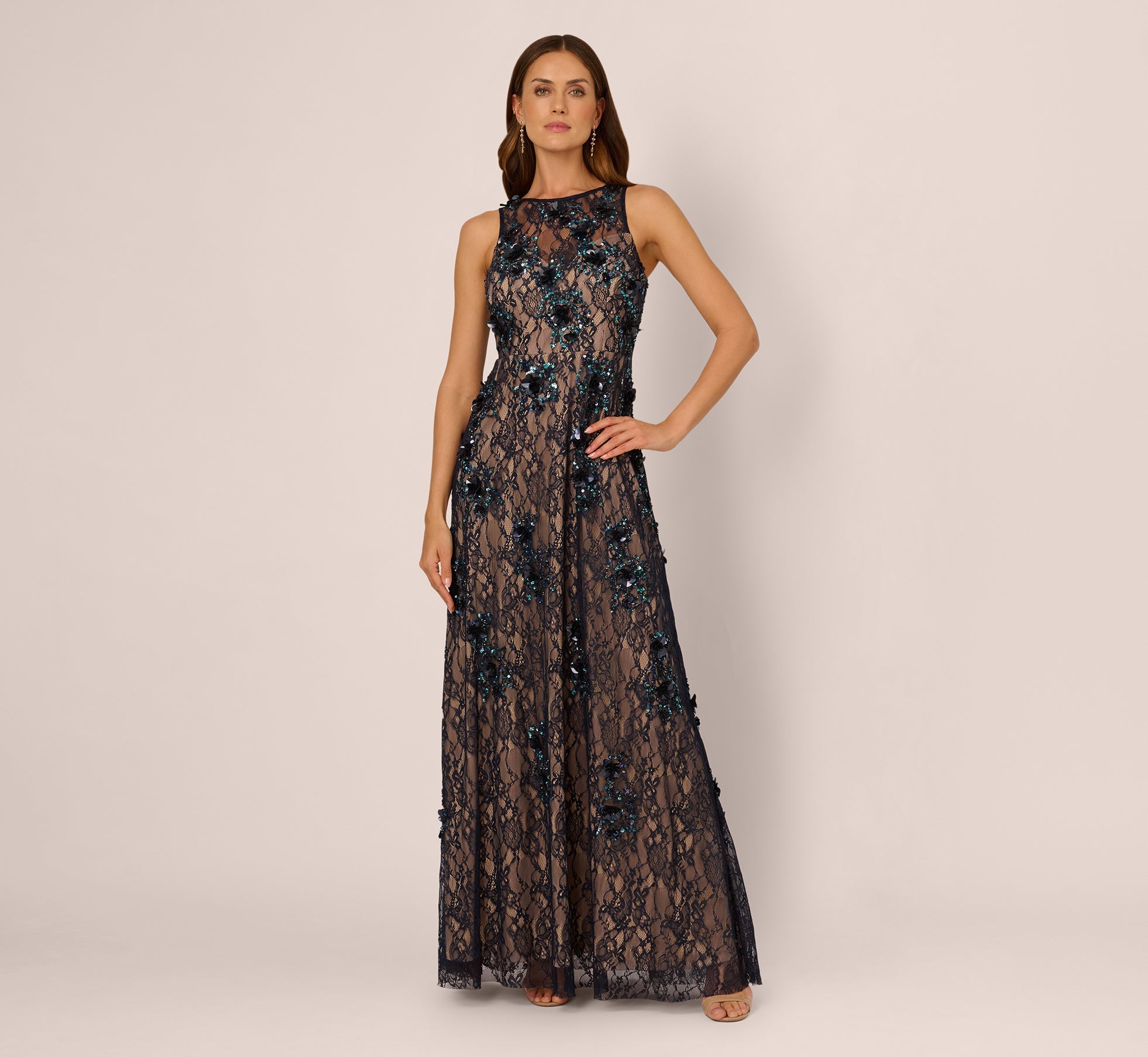 Sleeveless Sequin Floral Lace Gown In Midnight Multi Nude