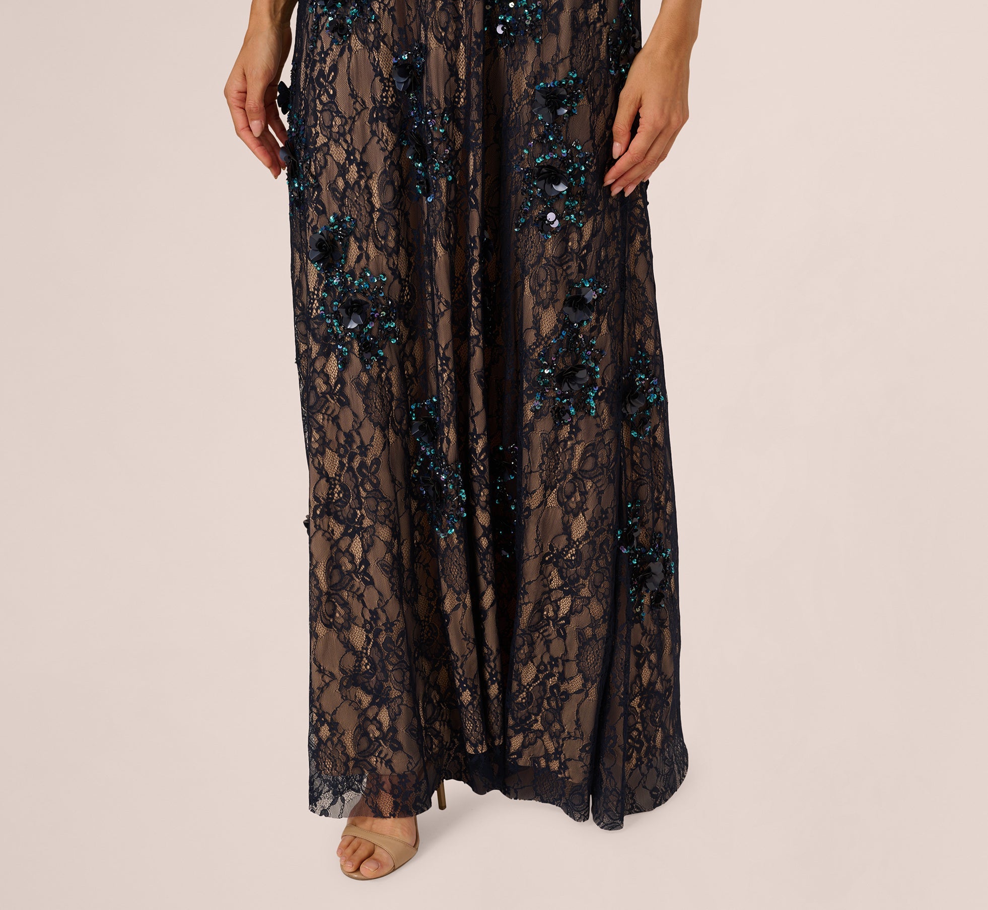 Sleeveless Sequin Floral Lace Gown In Midnight Multi Nude