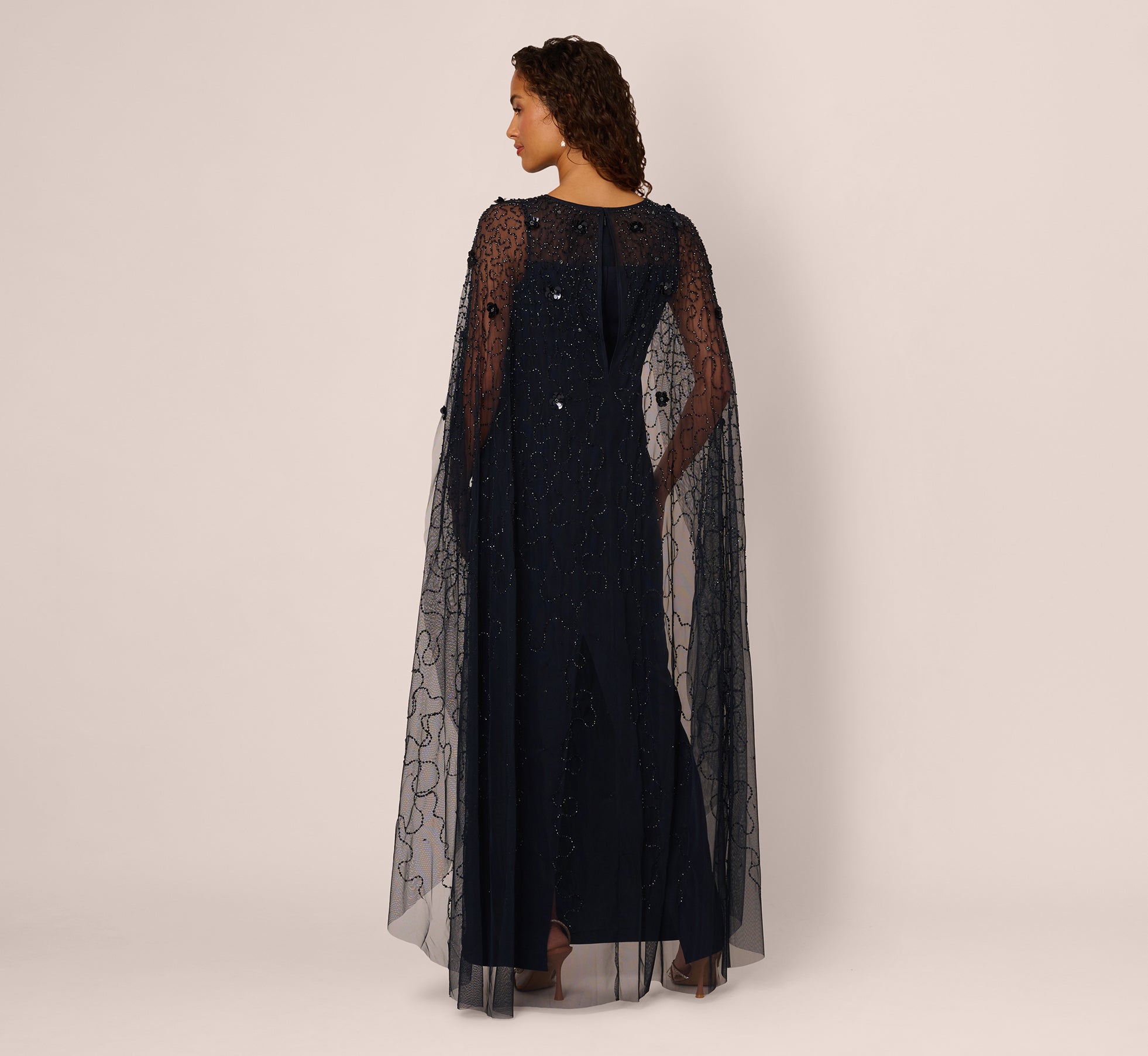 Floral Beaded Cape Gown In Midnight