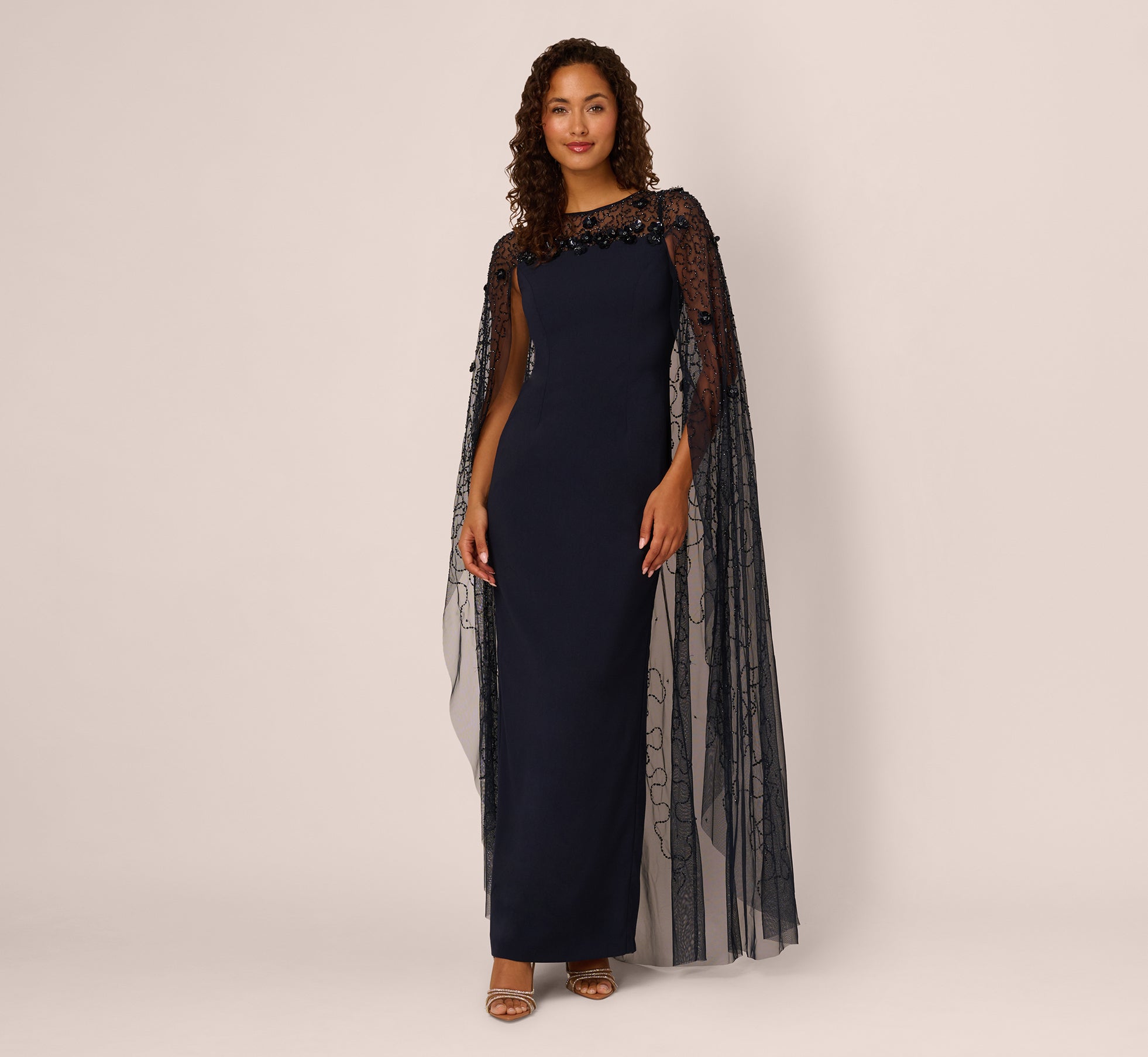Floral Beaded Cape Gown In Midnight