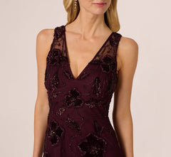 Sleeveless Velvet Beaded Floral Gown In Night Plum