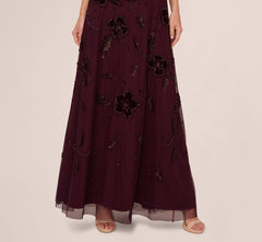 Sleeveless Velvet Beaded Floral Gown In Night Plum