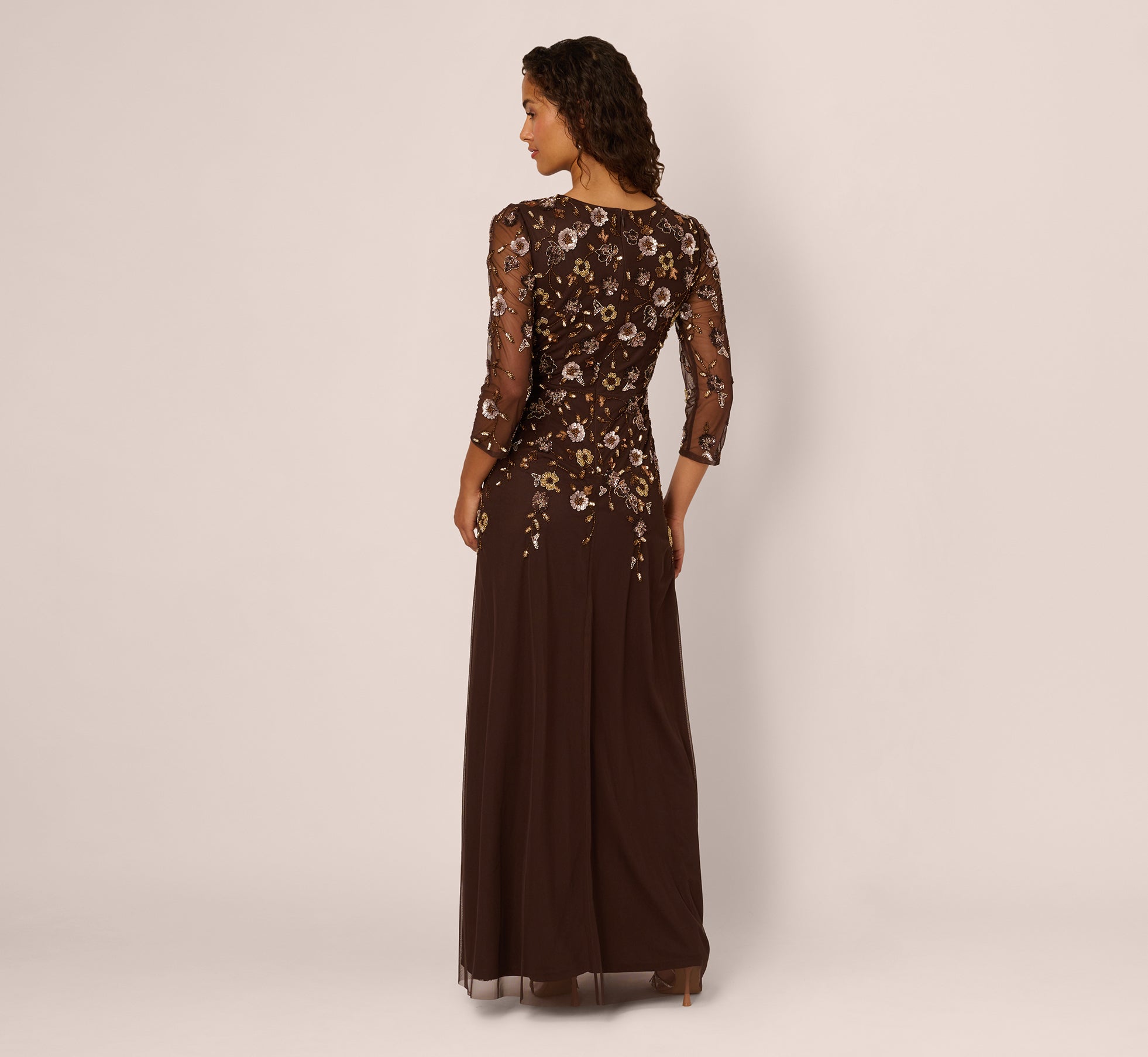 Three Quarter Sleeve Floral Sequin Beaded Gown In Chocolate