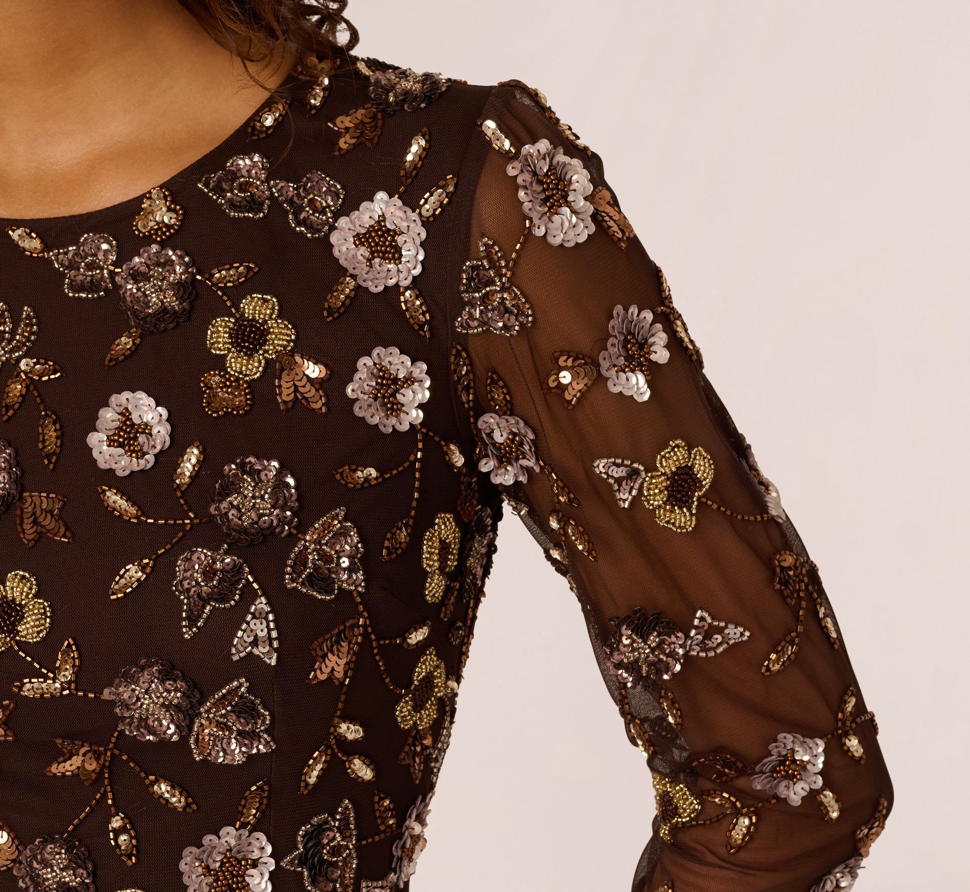 Three Quarter Sleeve Floral Sequin Beaded Gown In Chocolate