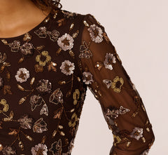Three Quarter Sleeve Floral Sequin Beaded Gown In Chocolate