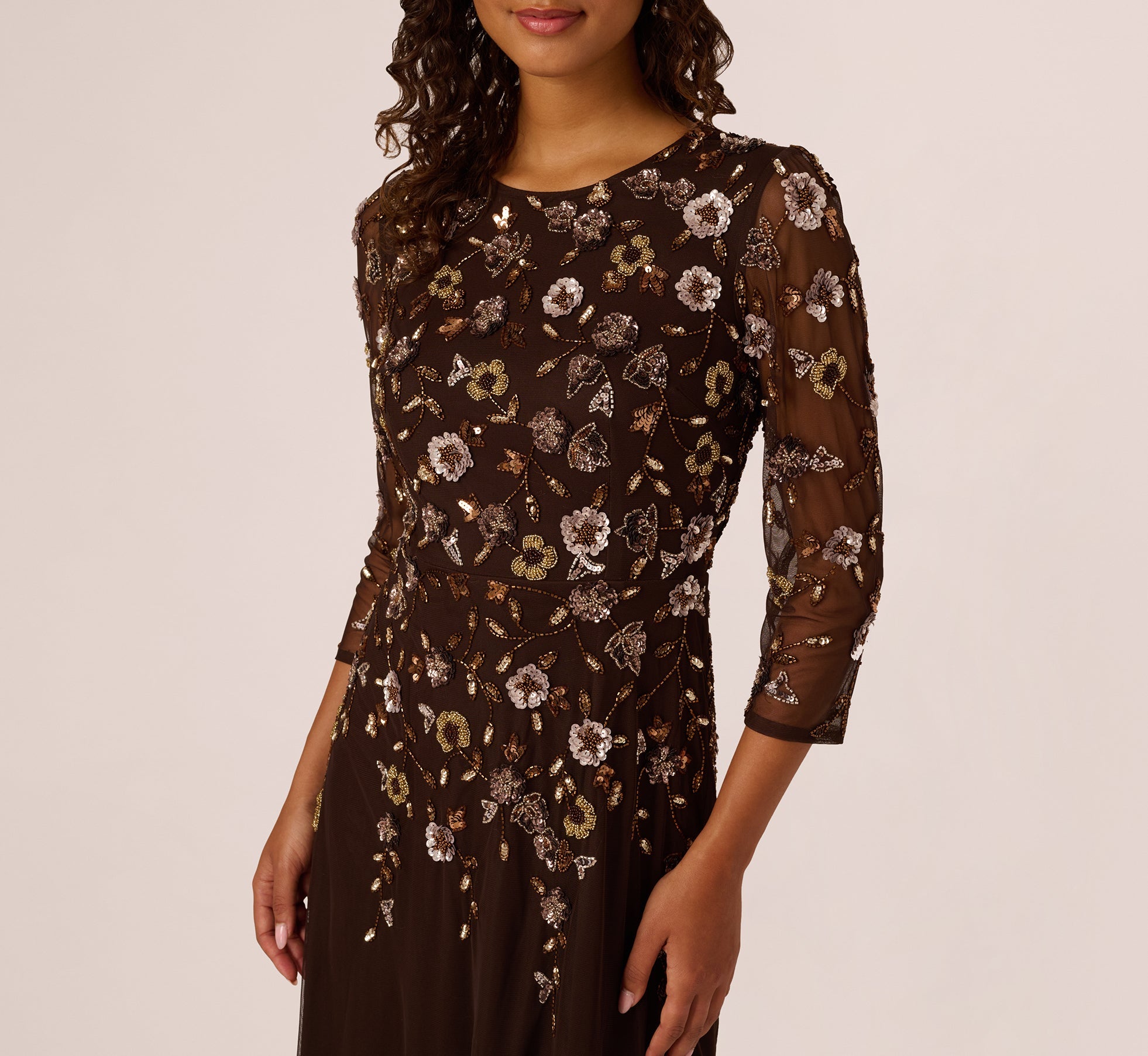Three Quarter Sleeve Floral Sequin Beaded Gown In Chocolate