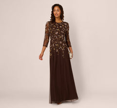 Three Quarter Sleeve Floral Sequin Beaded Gown In Chocolate