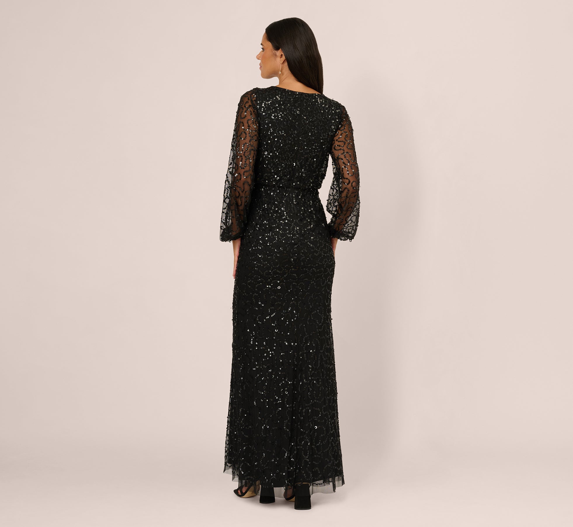 Bishop Sleeve Floral Sequin Bead Gown In Black Multi