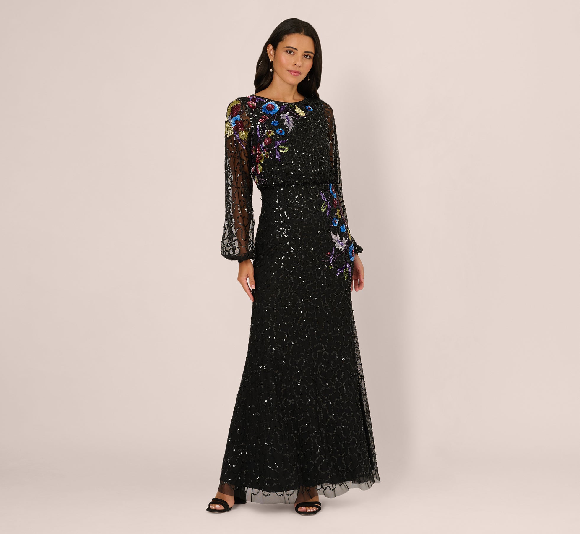 Bishop Sleeve Floral Sequin Bead Gown In Black Multi