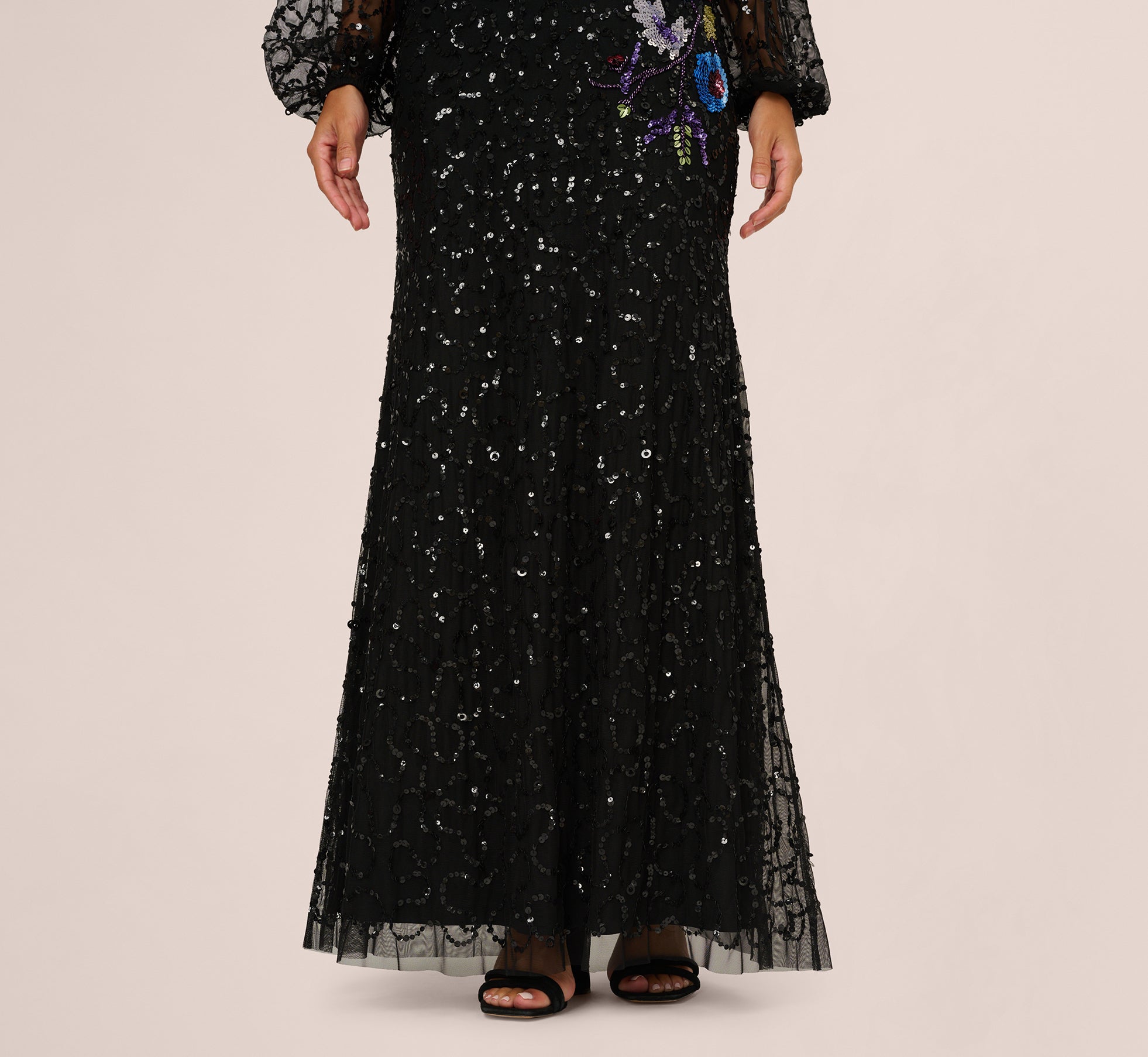 Bishop Sleeve Floral Sequin Bead Gown In Black Multi