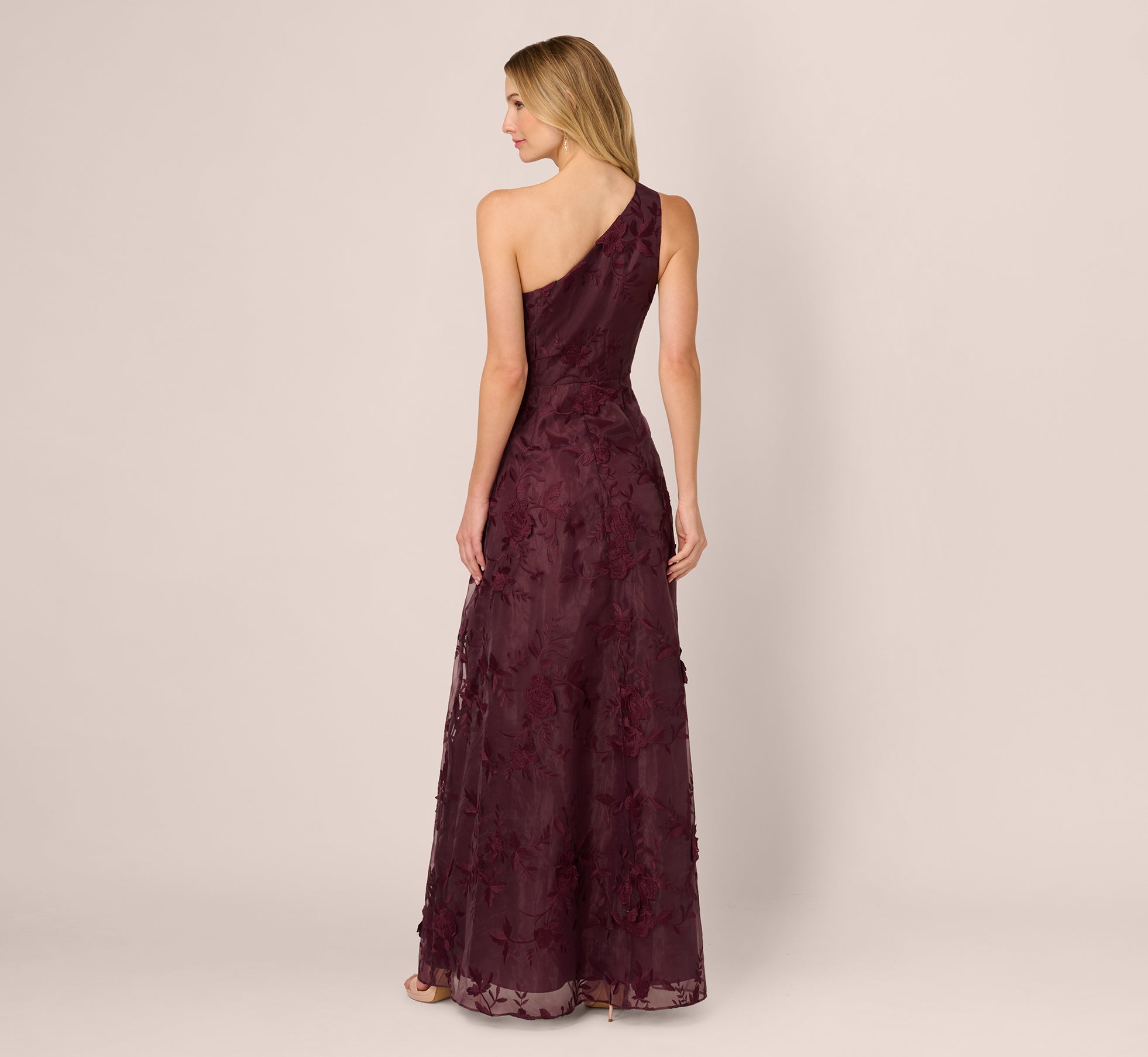 One Shoulder Floral Embroidered Gown In Raisin