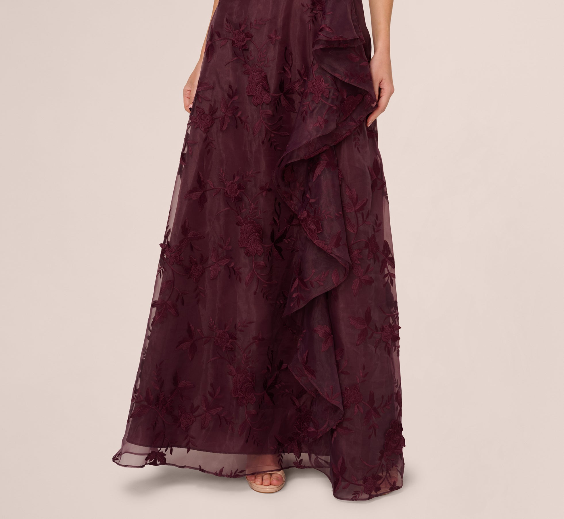 One Shoulder Floral Embroidered Gown In Raisin