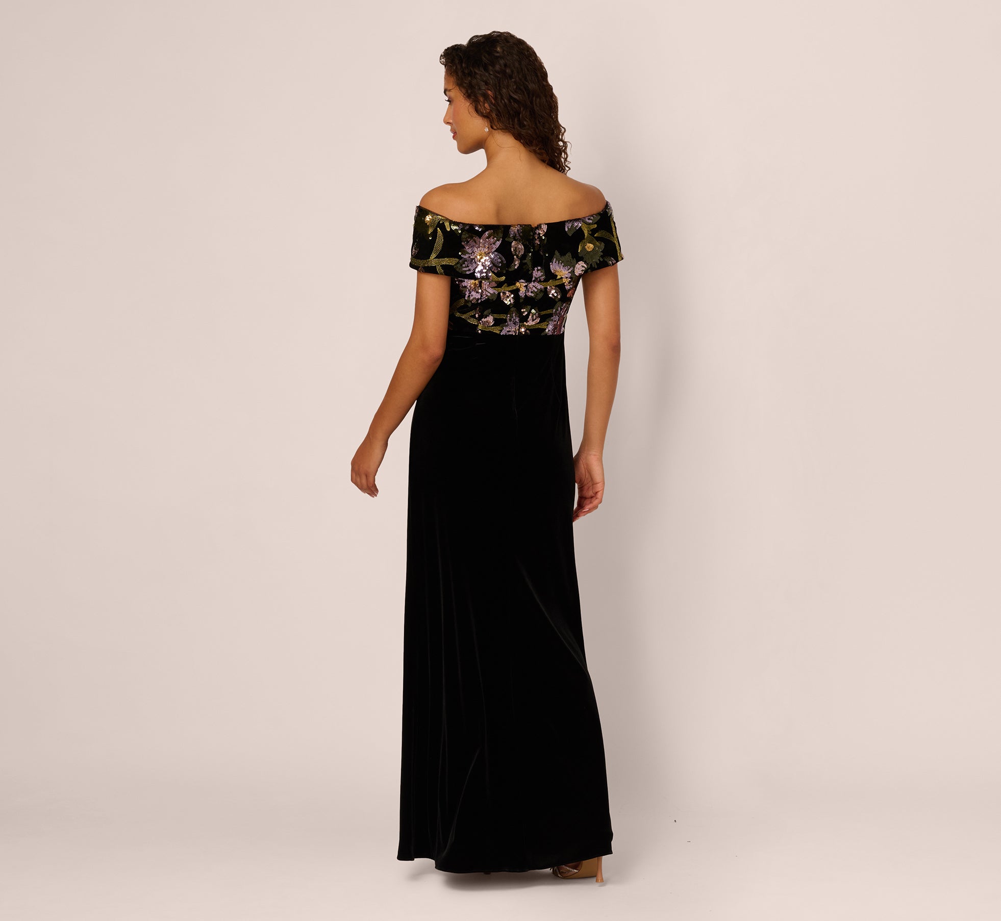 Off Shoulder Sequin Velvet Combo Gown In Black Multi