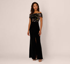 Off Shoulder Sequin Velvet Combo Gown In Black Multi