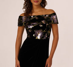 Off Shoulder Sequin Velvet Combo Gown In Black Multi