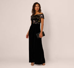 Off Shoulder Sequin Velvet Combo Gown In Black Multi