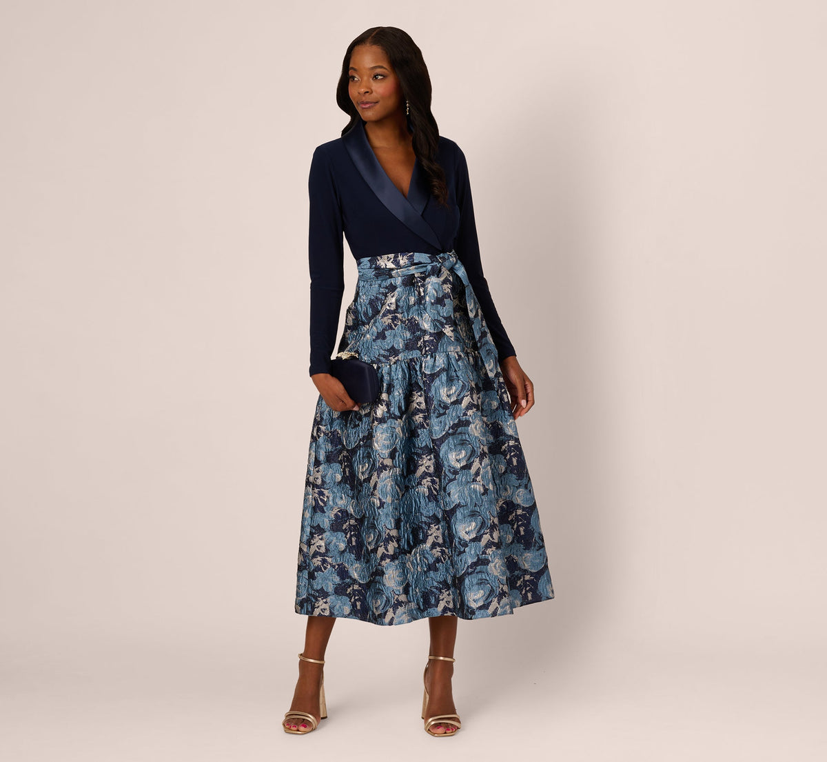 Long Sleeve Tuxedo Jacquard Combo Gown In Midnight Multi