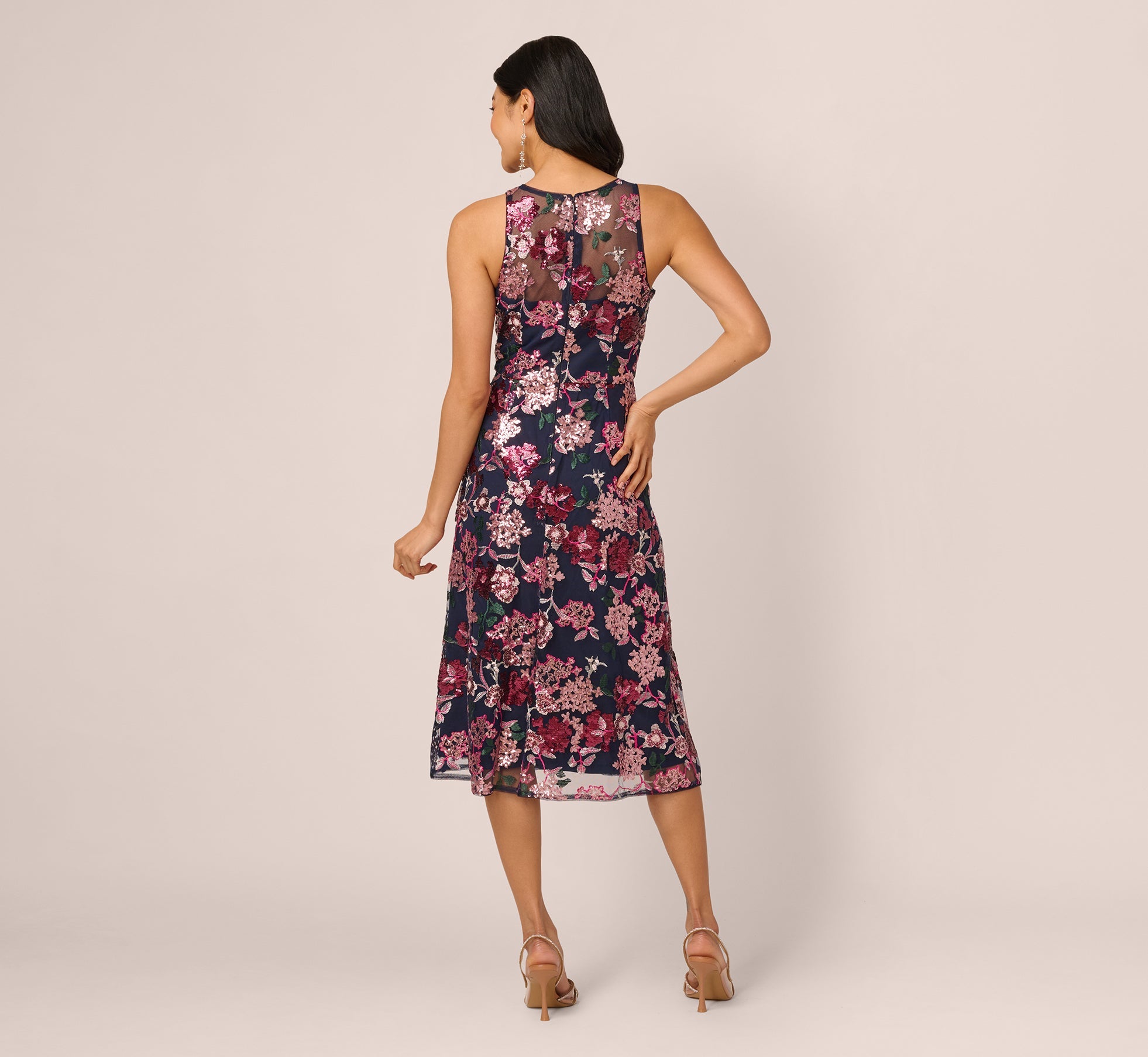 Sleeveless Illusion Sequin Midi Dress In Midnight Multi