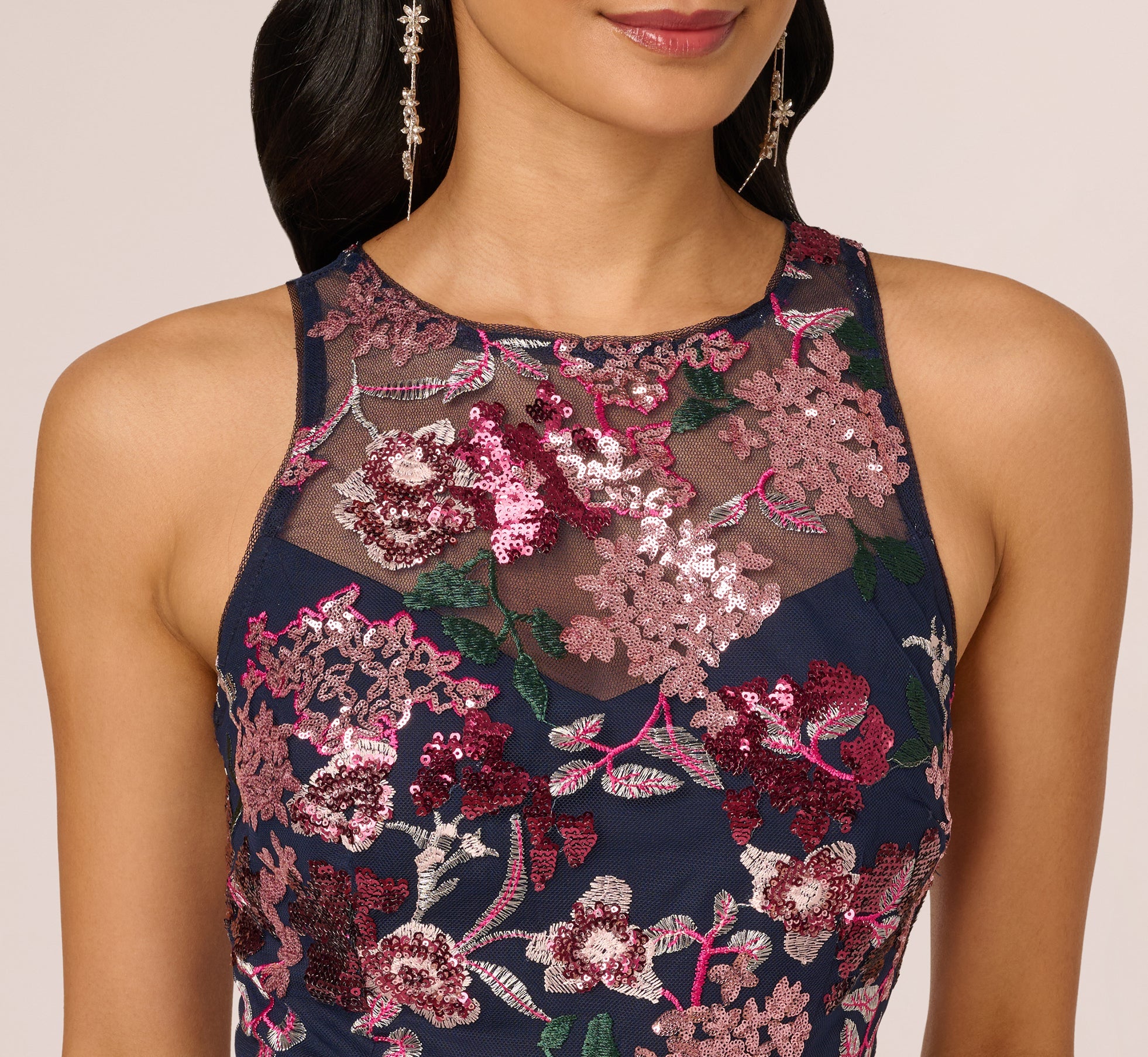 Sleeveless Illusion Sequin Midi Dress In Midnight Multi