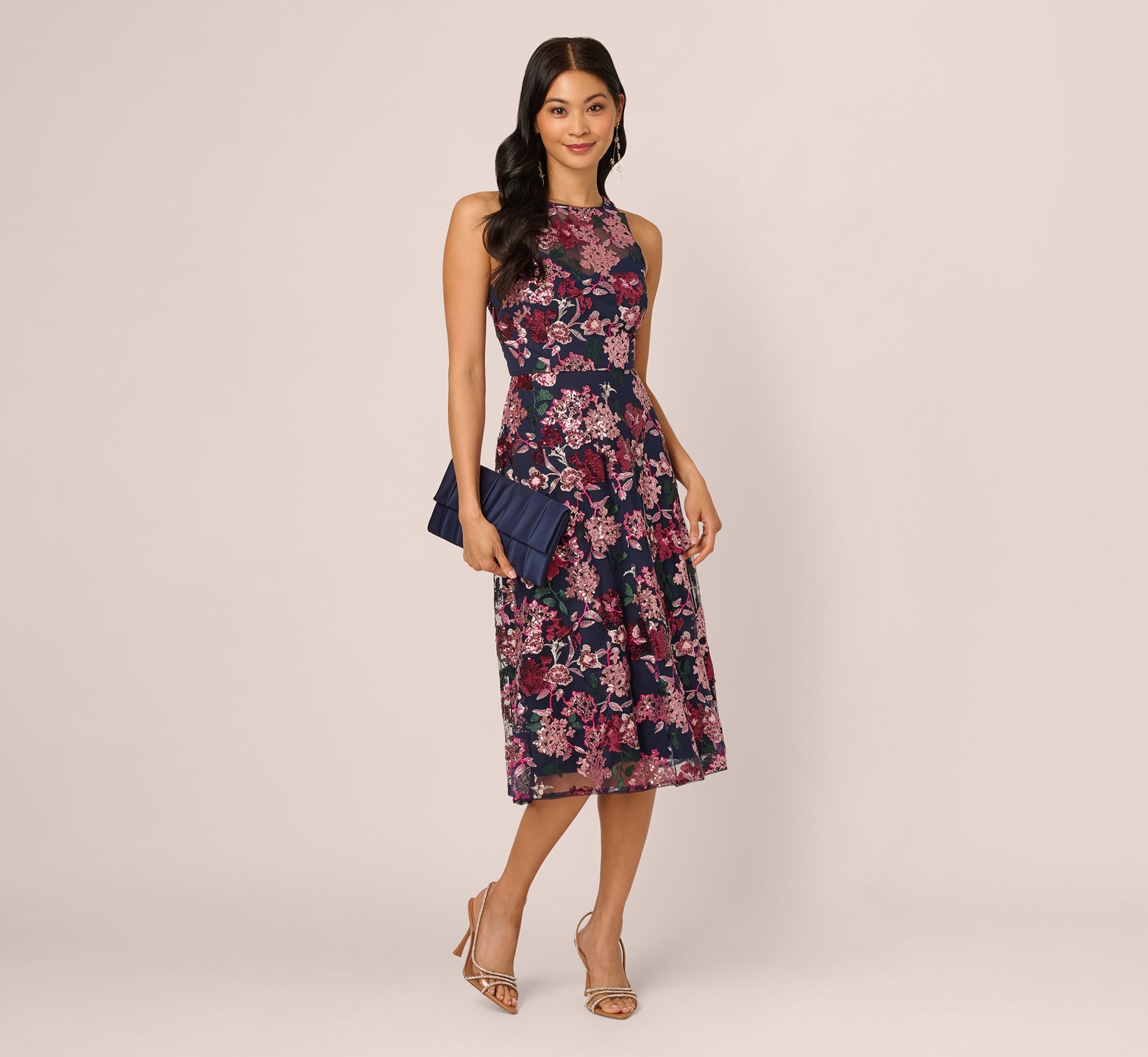 Sleeveless Illusion Sequin Midi Dress In Midnight Multi