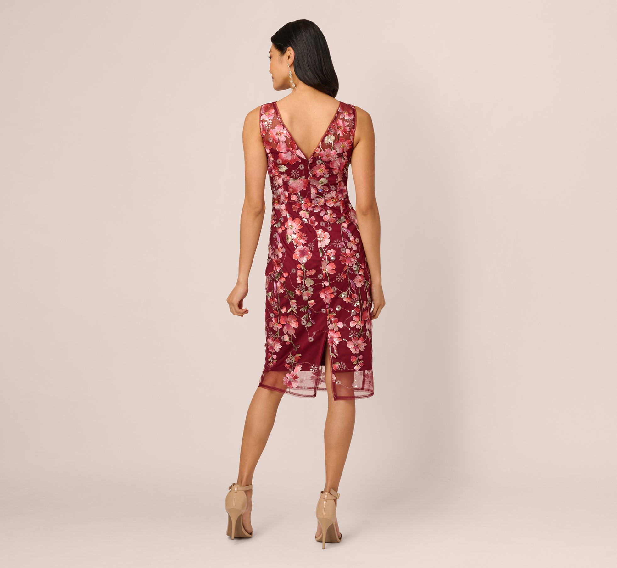 Floral Sequin Embroidery Midi Sheath Dress In Plum Multi