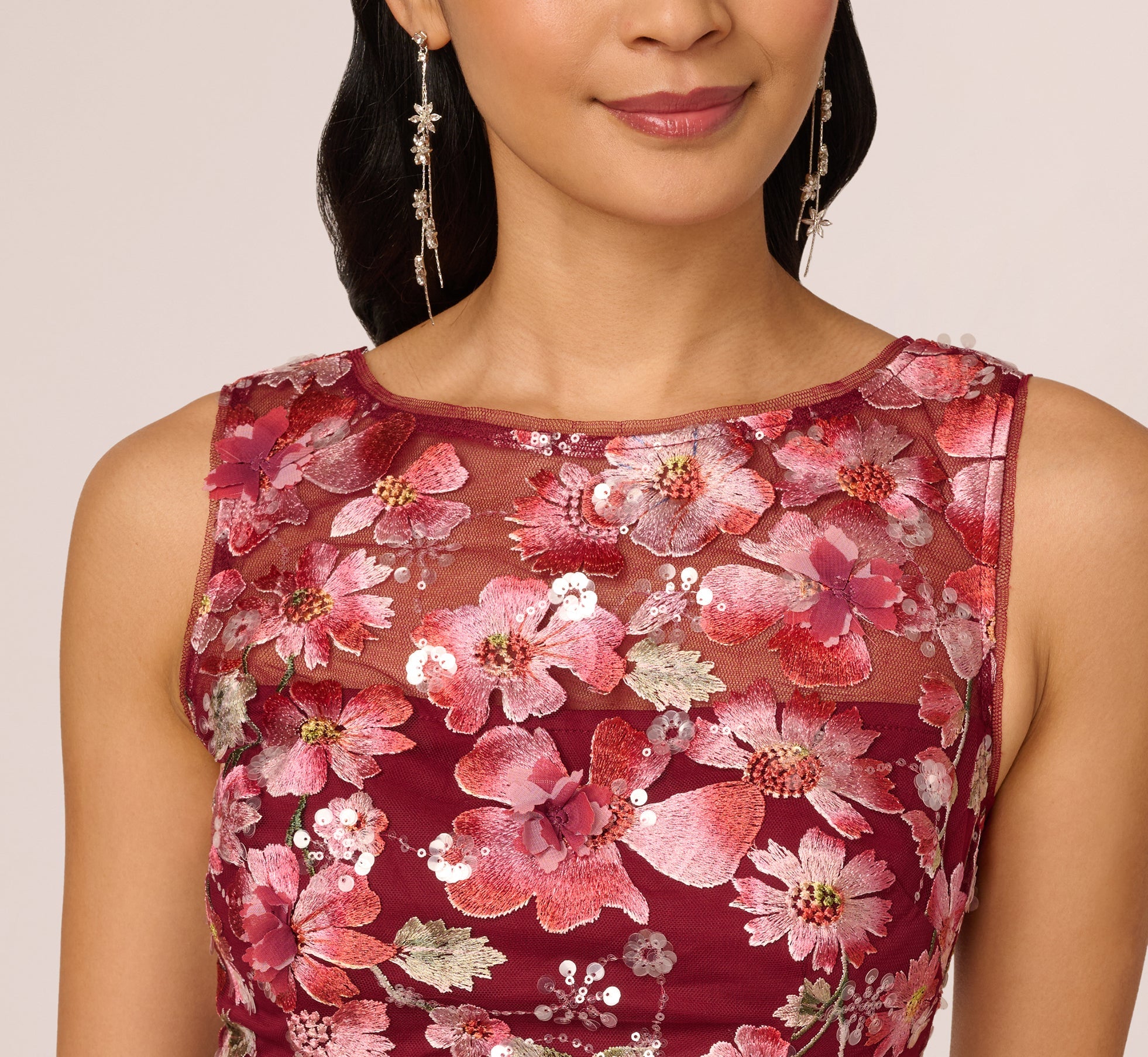 Floral Sequin Embroidery Midi Sheath Dress In Plum Multi