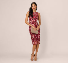 Floral Sequin Embroidery Midi Sheath Dress In Plum Multi