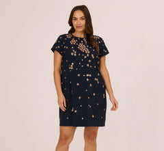Plus Size Short Sleeve Floral Sequin Shift Dress In Midnight Rosegold