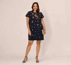 Plus Size Short Sleeve Floral Sequin Shift Dress In Midnight Rosegold
