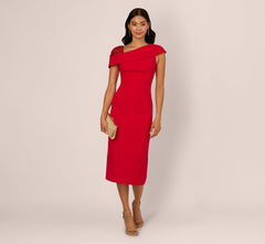 Sequin Shoulder Crepe Midi Sheath Dress In Red