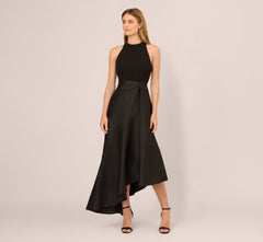 Sleeveless Asymmetrical Draped Taffeta Combo Gown In Black