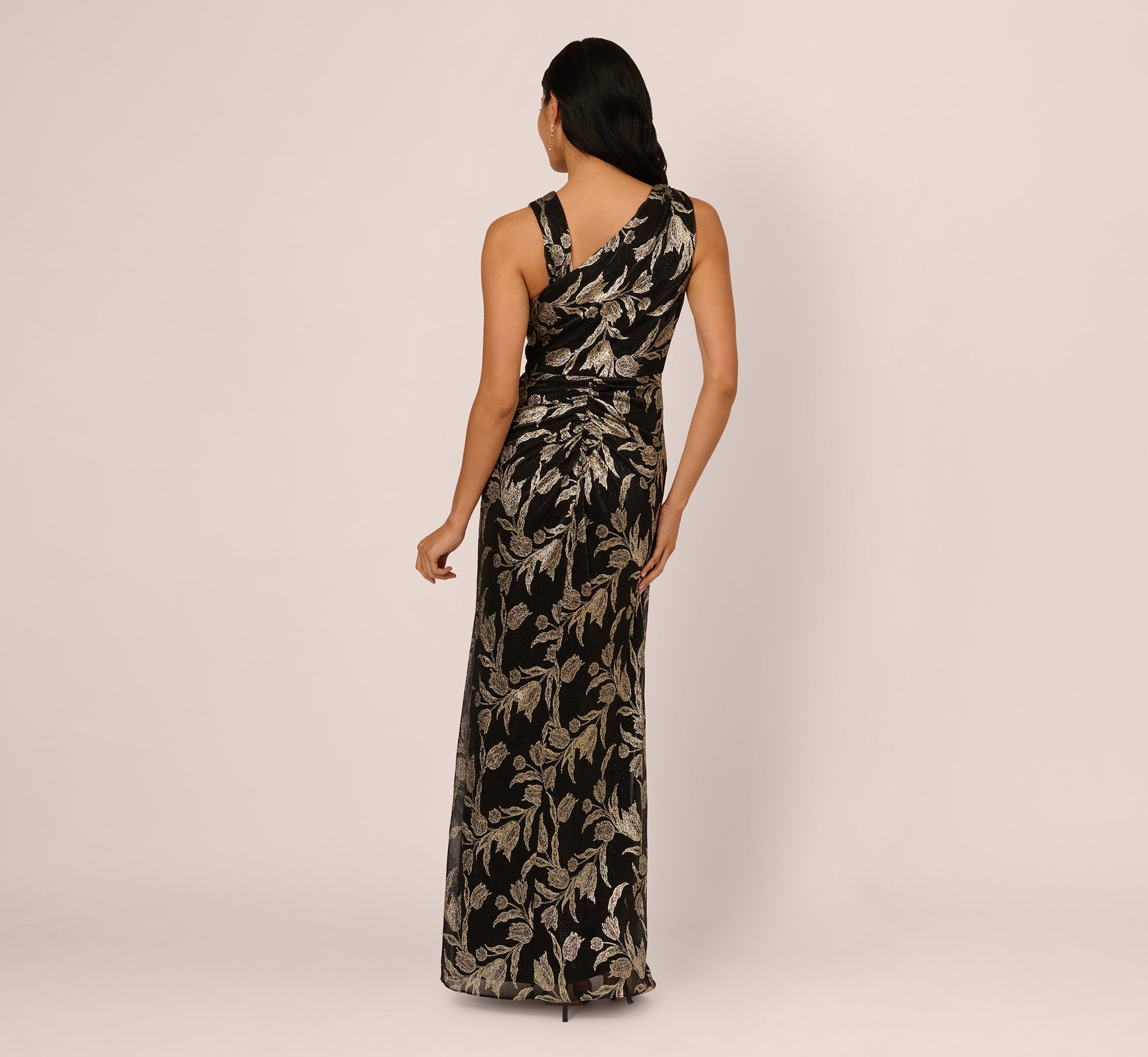 Sleeveless Asymmetrical Crinkle Metallic Floral Gown In Black Gold