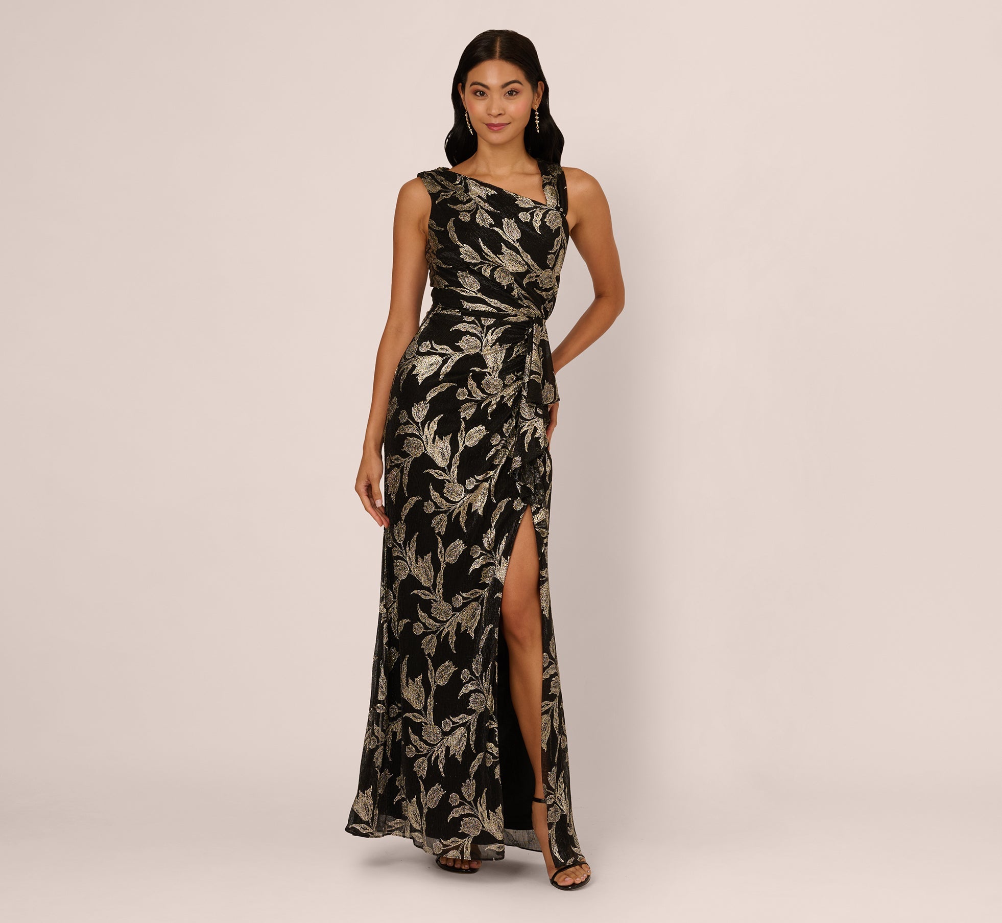 Sleeveless Asymmetrical Crinkle Metallic Floral Gown In Black Gold