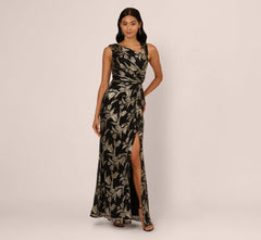 Sleeveless Asymmetrical Crinkle Metallic Floral Gown In Black Gold