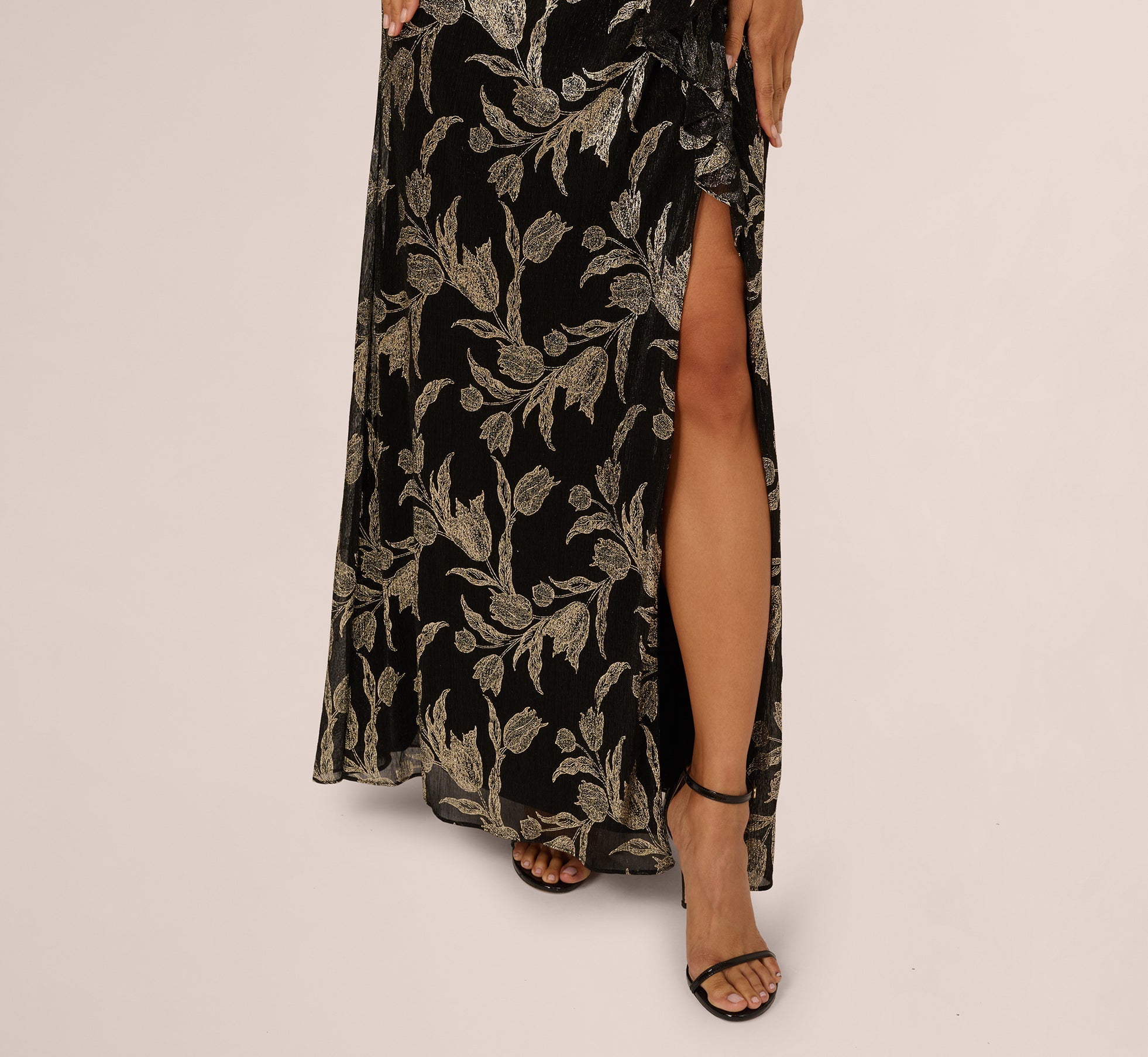Sleeveless Asymmetrical Crinkle Metallic Floral Gown In Black Gold