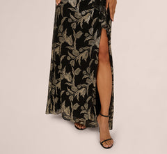 Sleeveless Asymmetrical Crinkle Metallic Floral Gown In Black Gold