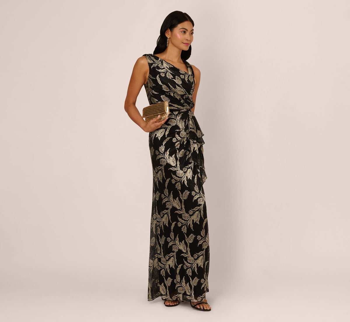 Sleeveless Asymmetrical Crinkle Metallic Floral Gown In Black Gold