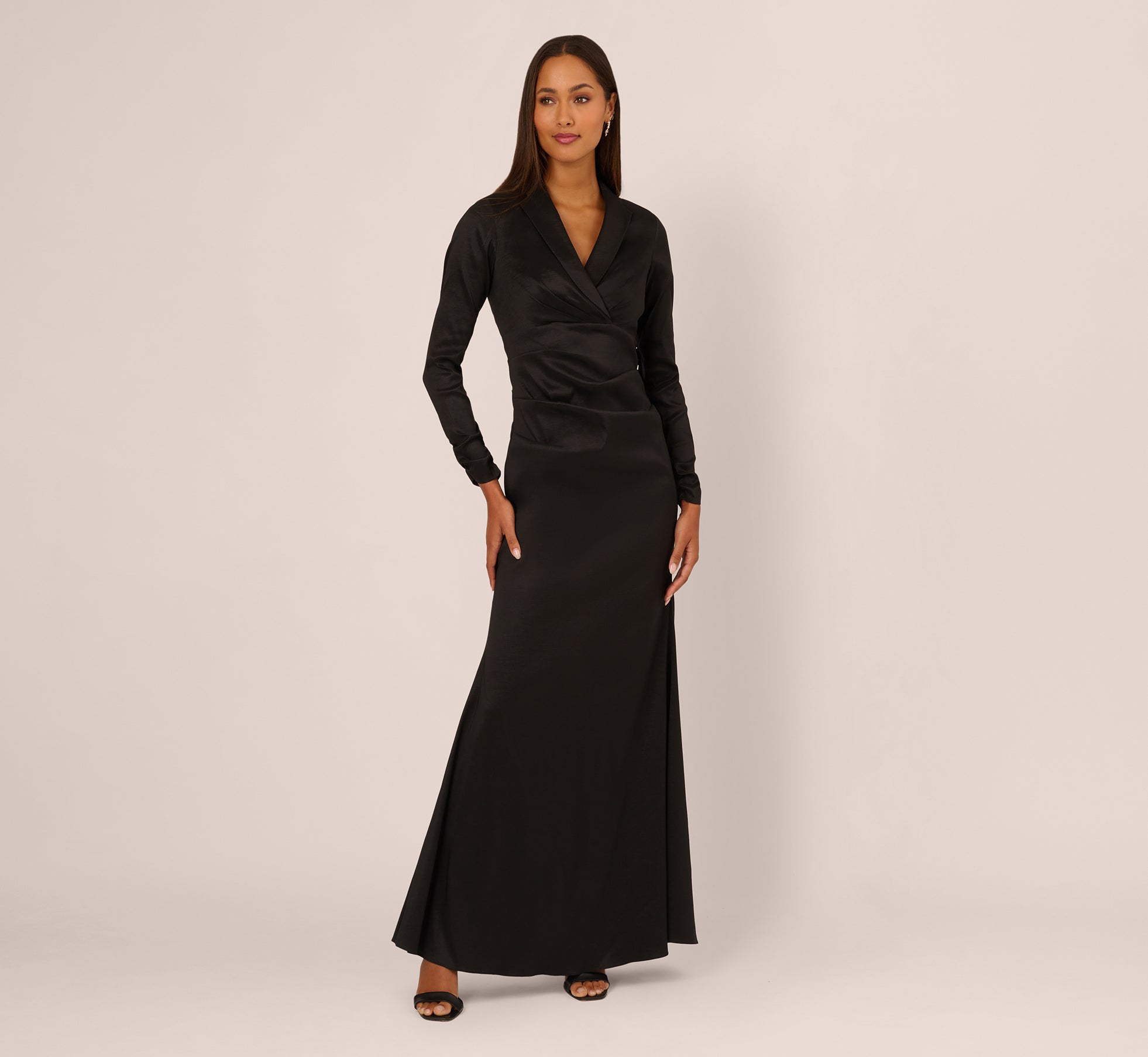 Long Sleeve Taffeta Tuxedo Gown In Black