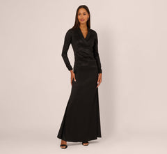 Long Sleeve Taffeta Tuxedo Gown In Black