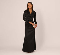 Long Sleeve Taffeta Tuxedo Gown In Black