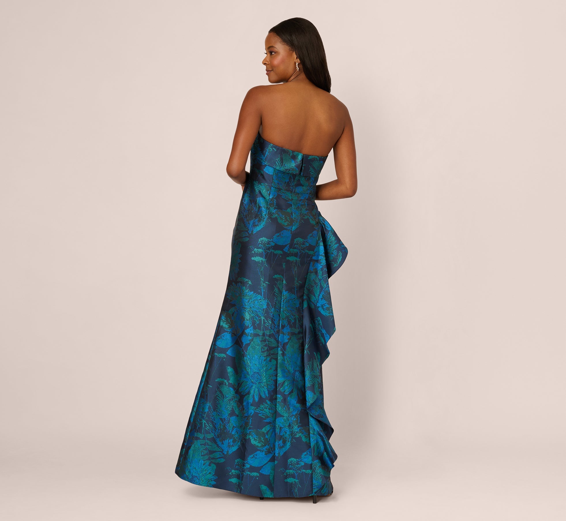 Strapless Draped Floral Jacquard Gown In Cobalt Multi