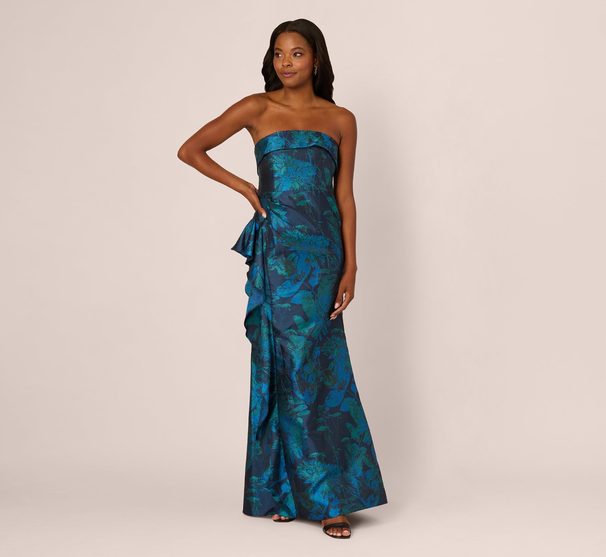 Strapless Draped Floral Jacquard Gown In Cobalt Multi