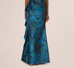 Strapless Draped Floral Jacquard Gown In Cobalt Multi