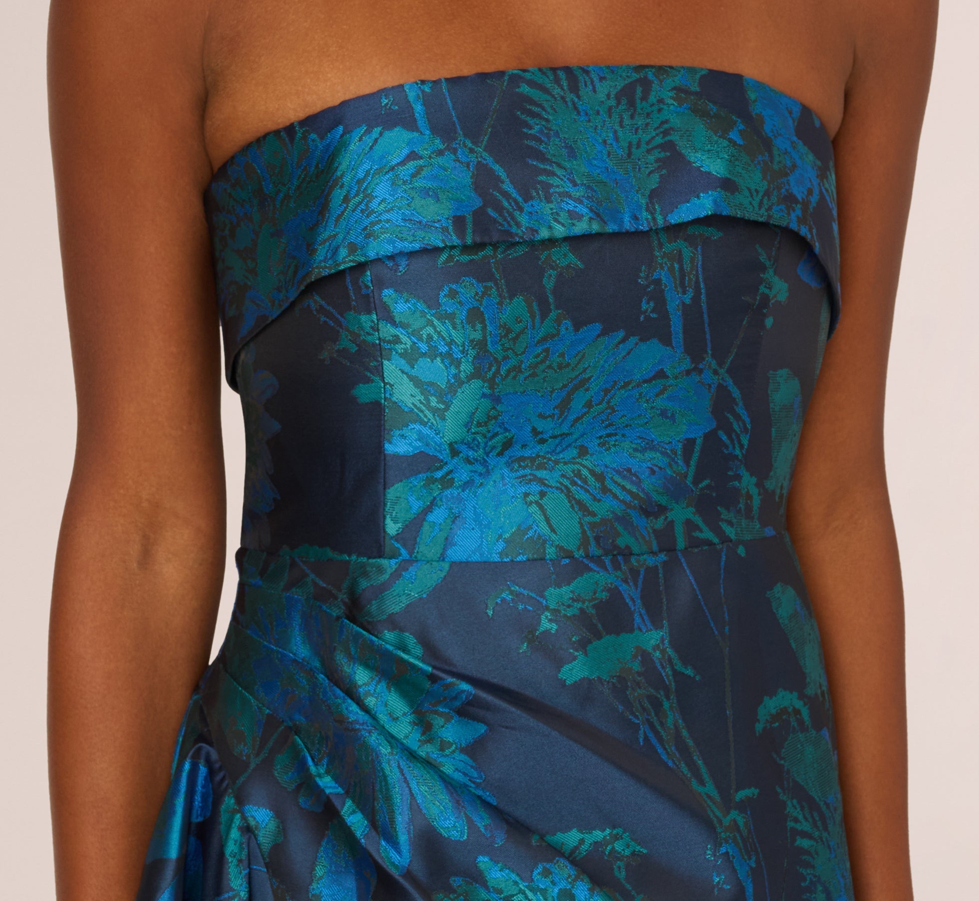 Strapless Draped Floral Jacquard Gown In Cobalt Multi