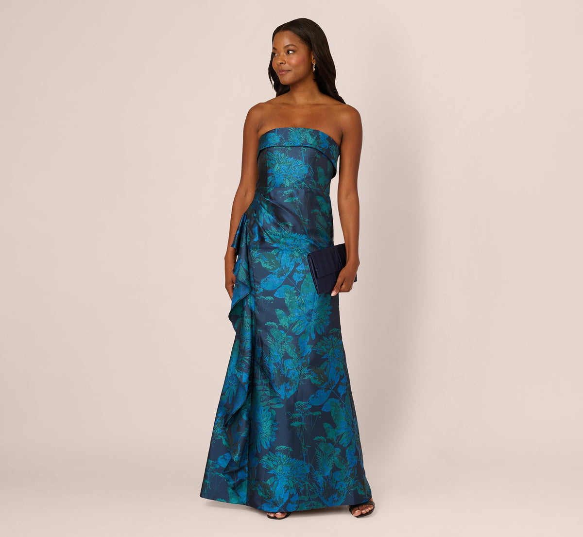 Strapless Draped Floral Jacquard Gown In Cobalt Multi