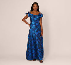 Off Shoulder Floral Jacquard A Line Gown In Navy Blue Multi