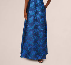 Off Shoulder Floral Jacquard A Line Gown In Navy Blue Multi