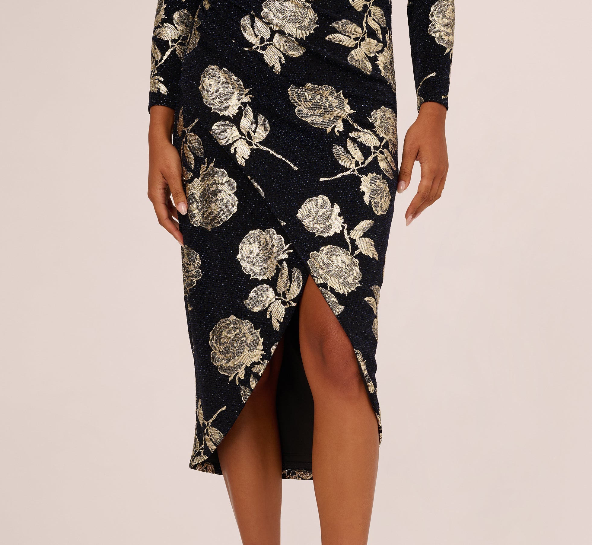 Long Sleeve Stretch Metallic Rose Floral Midi Dress In Navy Gold